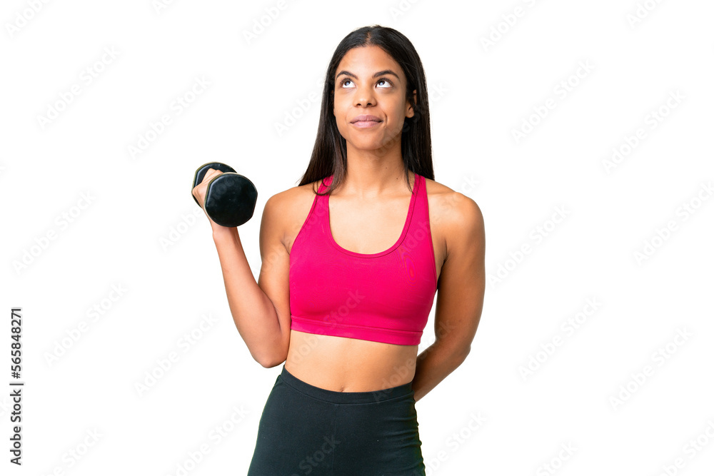 Young African American woman sport woman making weightlifting over isolated chroma key background and looking up Young African American woman sport woman making weightlifting over isolated chroma key background and looking up