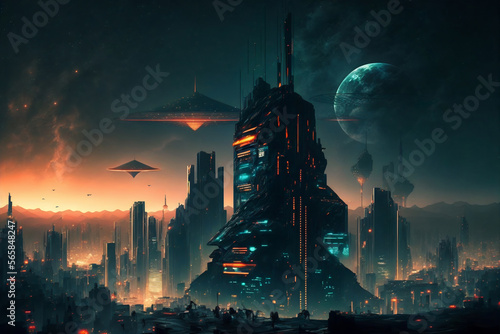 Fantasy city of the future. Futuristic world. Night view, neon lights. Generative AI.