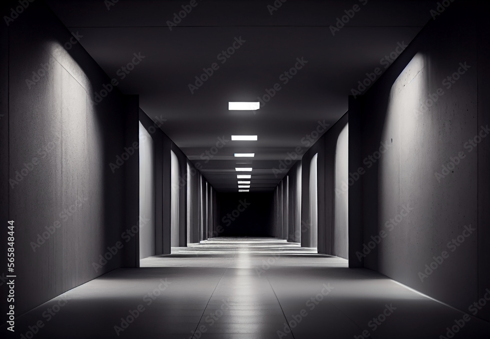 Underground Tunnel Corridor with Dark Concrete Led Lights. Generative AI