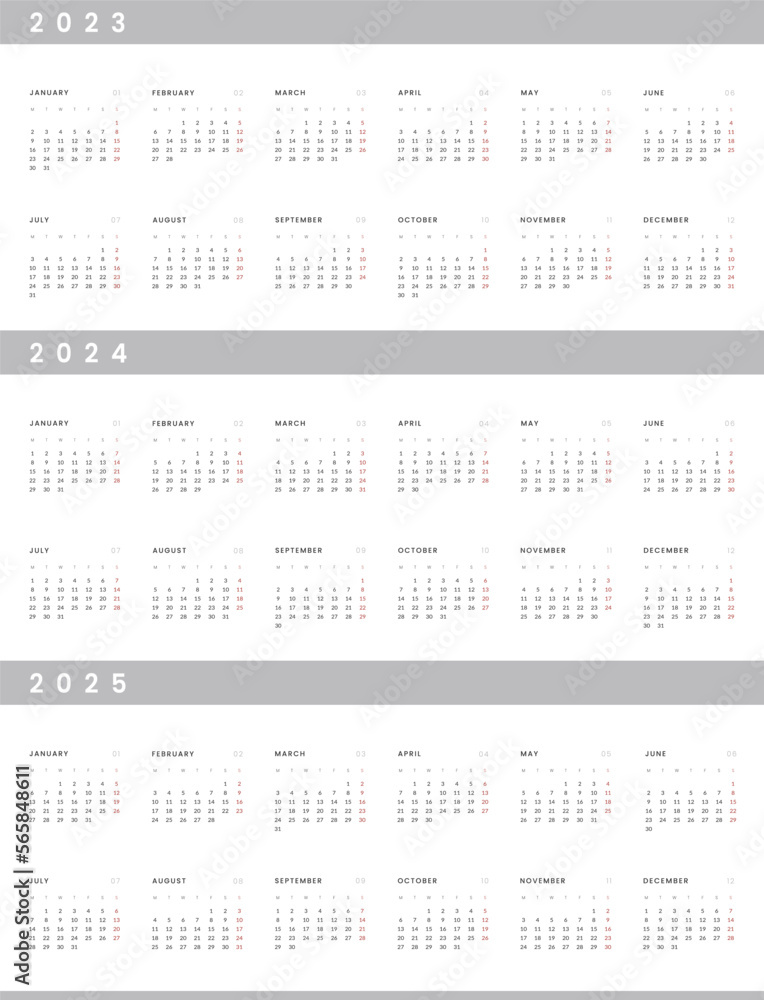 Set of 2023, 2024, 2025 Annual Calendar template. Vector layout of a