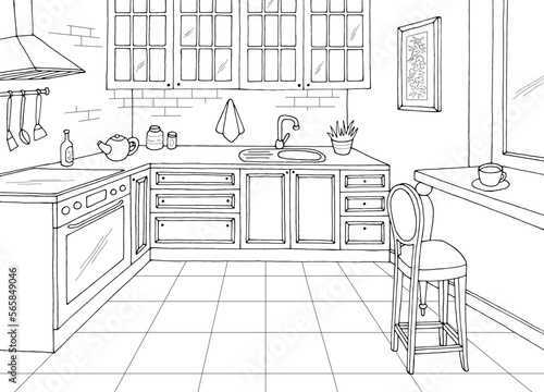 Kitchen room graphic black white home interior sketch illustration vector 