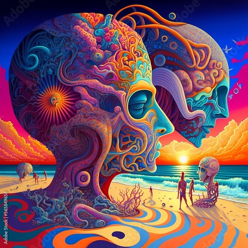 An illustration of beach party in psychedelic style. Colorful background. Fit for poster, banner, wallpaper, merchandise, apparel, backdrop, ads.