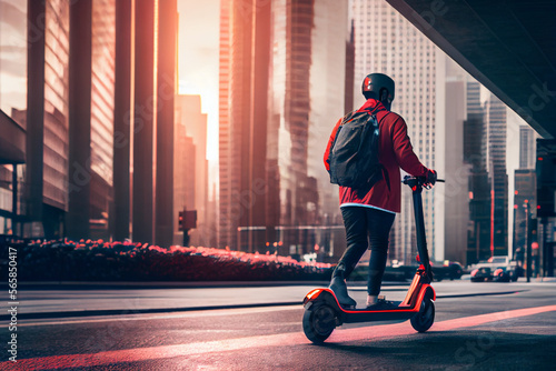 Junger Mann fährt mit einem E-Scooter im Sonnenuntergang durch die Stadt - Generative Ai 