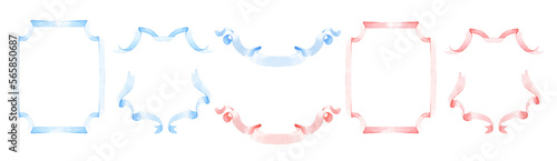Collection of watercolor holiday ribbons and bows. Ribbon frames. Pink and blue ribbons for postcards, wedding invitations. Decor for a children's holiday. Pink and blue frames