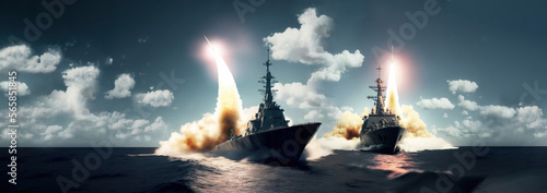 Fotografering wide banner of missiles being launched out of warboats destroyers for military s