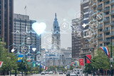 Day time cityscape of Philadelphia financial downtown, Pennsylvania, USA. City Hall neighborhood. Hologram healthcare digital medicine icons. The concept of treatment from disease, Threat of pandemic