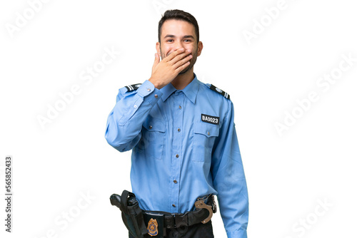 Young police caucasian man over isolated background happy and smiling covering mouth with hand