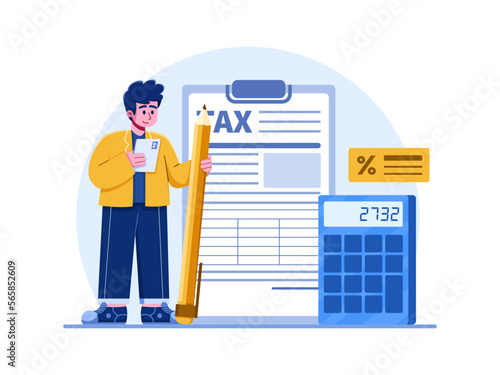 Illustration of person filing a tax form and also calculating taxes.
Filling Tax Documents.
Financial Tax documents forms and calculations.
Can be used for web, landing page, infographic, apps, etc