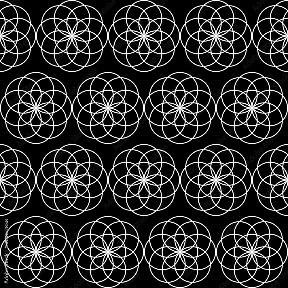 Vector seamless black and white pattern, graphic simple flower, repeat pattern, white line on black background. Design for textiles, paper wrapping, and wallpaper. Vector seamless black and white pattern, graphic simple flower, repeat pattern, white line on black background. Design for textiles, paper wrapping, and wallpaper.