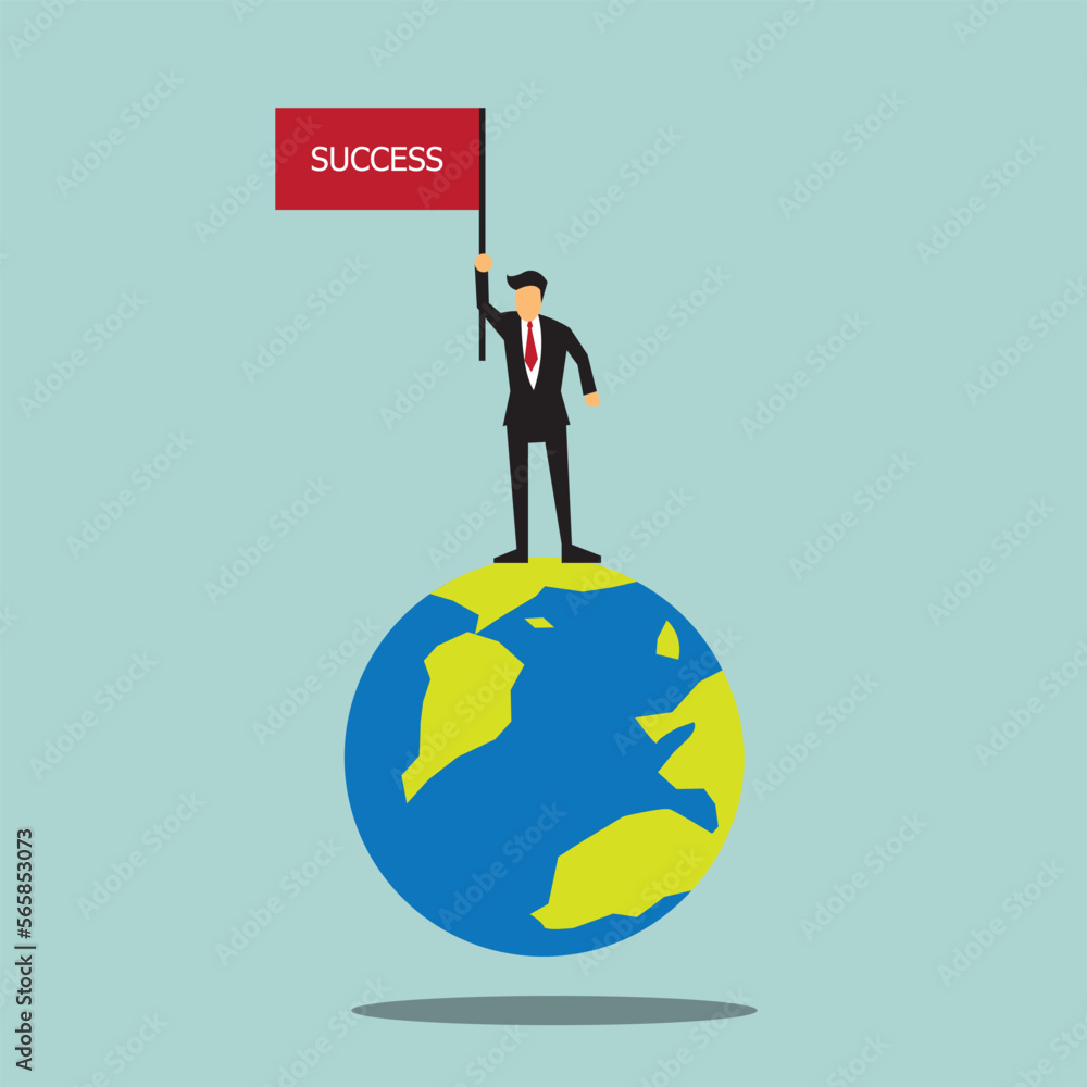 Business man holding success flag and standing on the earth global. Concept of success-vector cartoon Business man holding success flag and standing on the earth global. Concept of success-vector cartoon