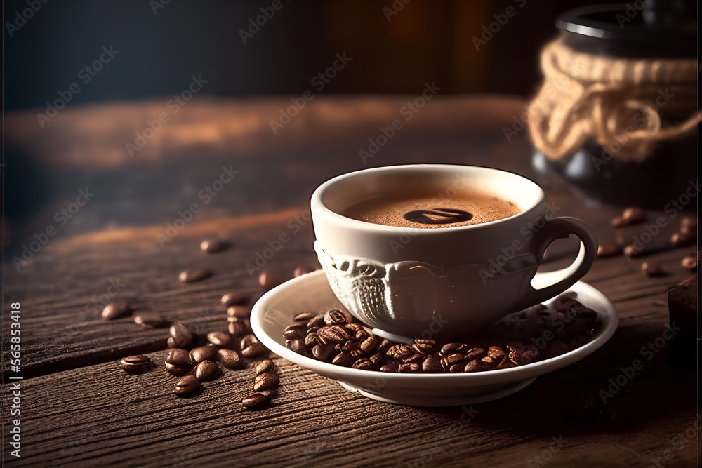 Espresso Coffee Cup With Beans On Vintage Table. Generative AI.