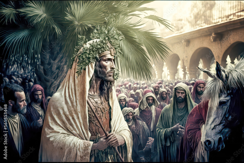 Naklejka premium Palmsonntag Jesus der Messias Prozession durch Jerusalem Digital Art Abstrakte Illustration Generative AI Hintergrund Background Cover