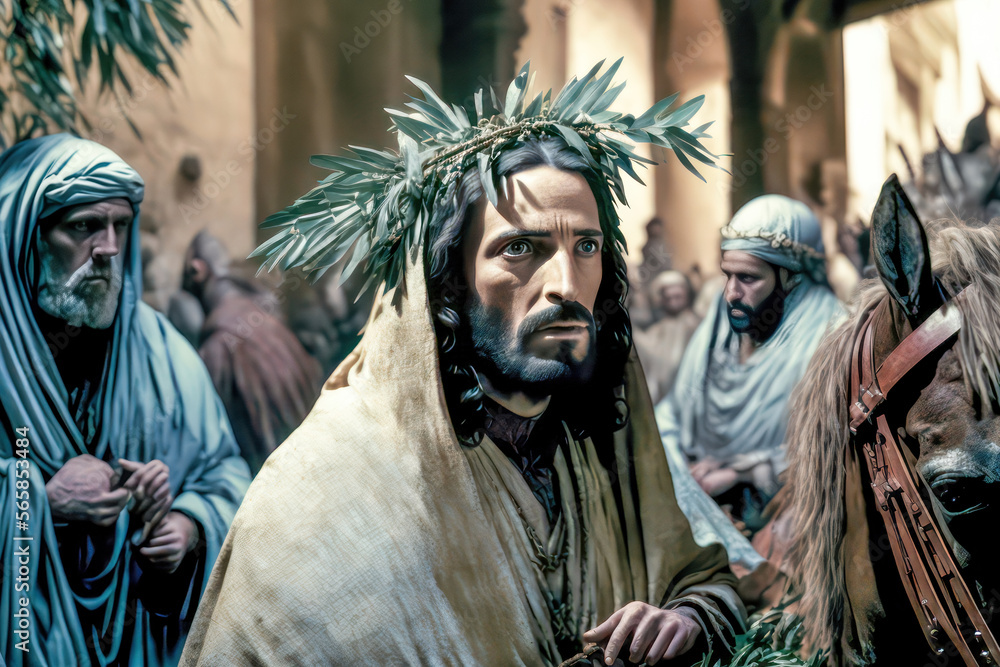Naklejka premium Palmsonntag Jesus der Messias Prozession durch Jerusalem Digital Art Abstrakte Illustration Generative AI Hintergrund Background Cover