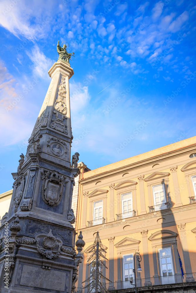 View of the Piazza San Domenico Maggiore, one of the most important squares in the historical center of Naples. It is dominated by the imposing marble obelisk of the San Domenico Maggiore. View of the Piazza San Domenico Maggiore, one of the most important squares in the historical center of Naples. It is dominated by the imposing marble obelisk of the San Domenico Maggiore.