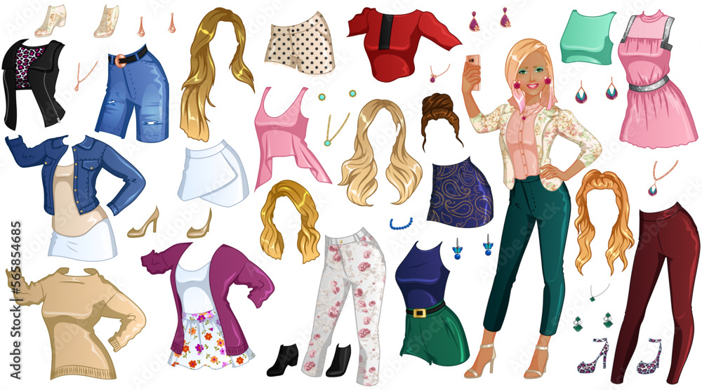 Vlogger Paper Doll with Beautiful Lady, Outfits, Hairstyles and Accessories. Vector Illustration