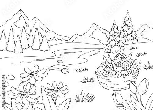 Mountain river graphic black white landscape sketch illustration vector 