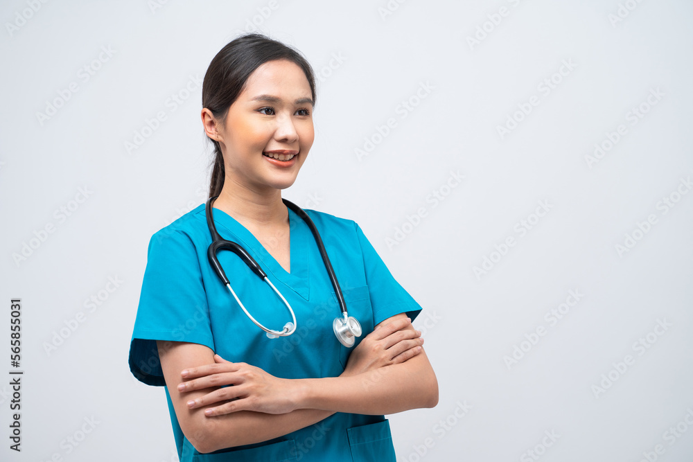 Portrait of Asian female doctor standing with arms crossed and stethoscope isolated on white background. Portrait of Asian female doctor standing with arms crossed and stethoscope isolated on white background.