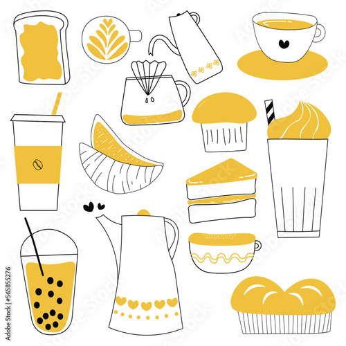 Hand drawn coffee time collection in yellow tone on white background. Vector illustration in doodle art style