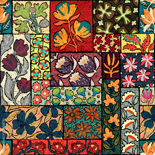 Seamless pattern in patchwork style. Ornament for blankets, carpets. Grunge texture. Vector illustration.