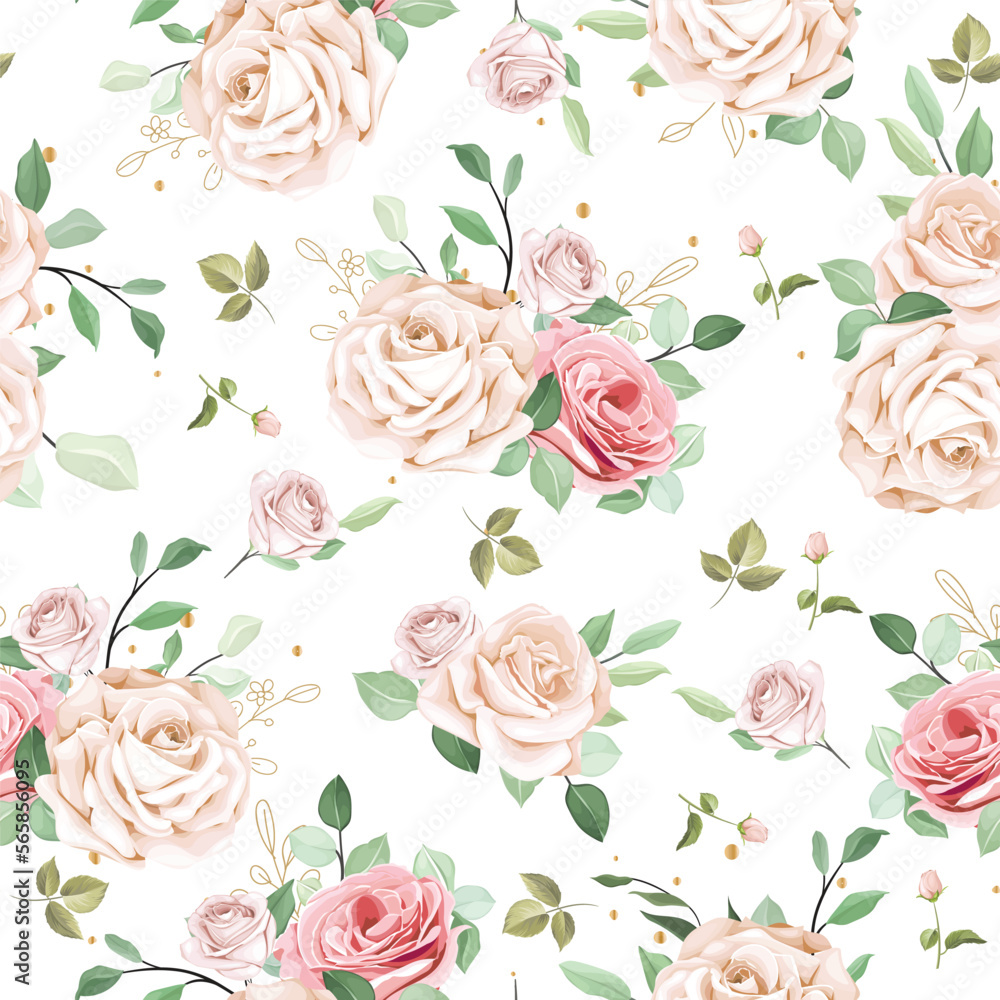 elegant floral roses with green leaves seamless pattern