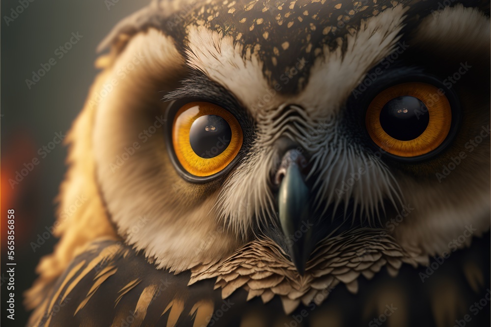 Fototapeta premium A close-up zoomed off a Beautiful owl head face portrait with a blurred forest background generative ai