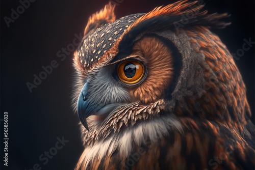 A close-up zoomed off a Beautiful owl head face portrait with a blurred forest background generative ai
