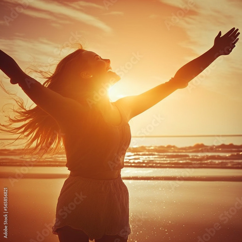 Beautiful young lady Celebrates success, love, warmth and spirit on a serene seashore