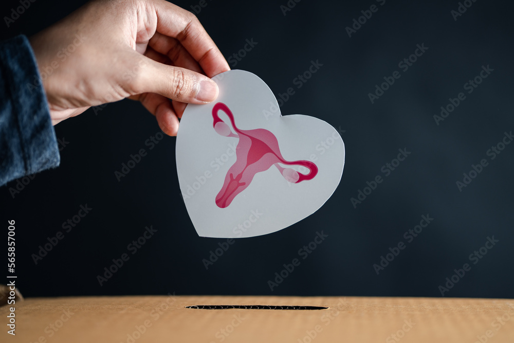 Hands drop uterus to donation box, female reproductive system, women's health, PCOS, ovary gynecologic and cervical cancer, Health insurance, Healthy feminine concept