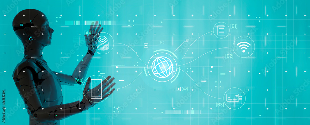 Obraz premium Smart factory, industry 4.0, M2M computer aided manufacturing , 3D Robot automated team working, future process futuristic industry engineering background, digital technology industry revolution