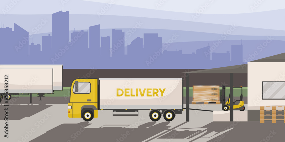 Warehouse storage cargo in process. Forklift load goods in cardboard boxes at pallet to logistics lorry truck into delivery. Outdoor storehouse building in cityscape on background. Vector illustration