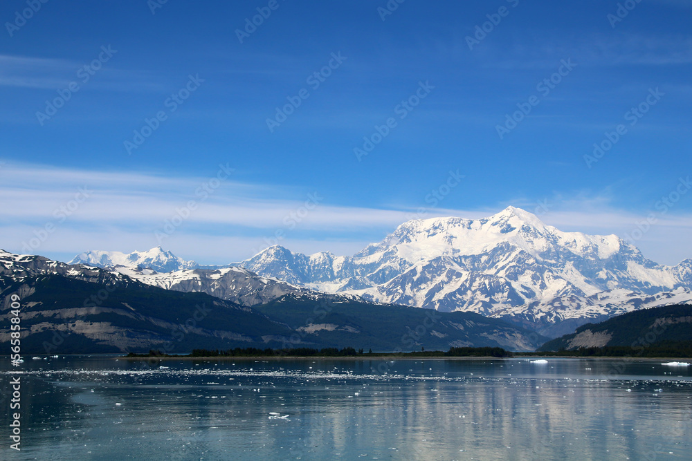 View of Mount Saint Elias in Alaska seen from Icy Bay, United States, North America   