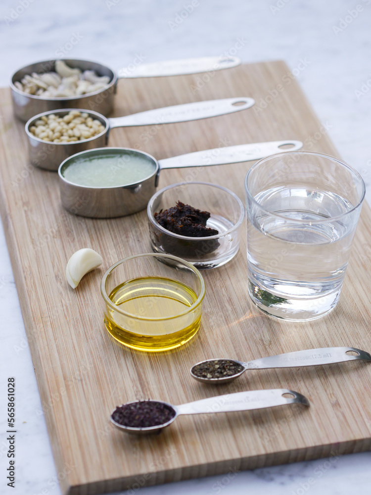 Mise en place on wooden board for high culinary raw vegan cuisine Mise en place on wooden board for high culinary raw vegan cuisine
