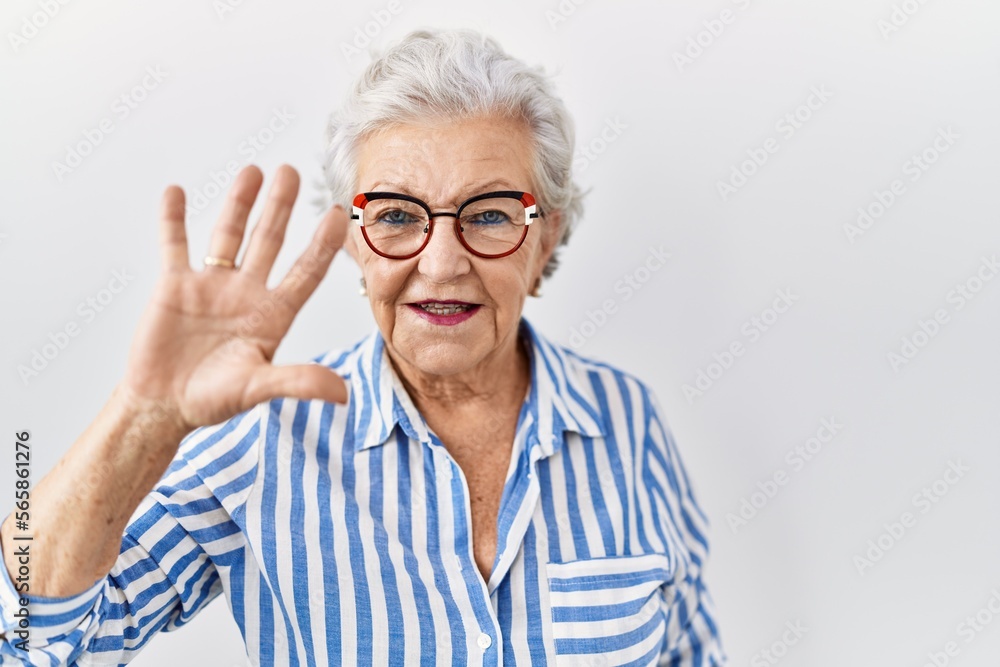 Senior woman with grey hair standing over white background showing and pointing up with fingers number five while smiling confident and happy.