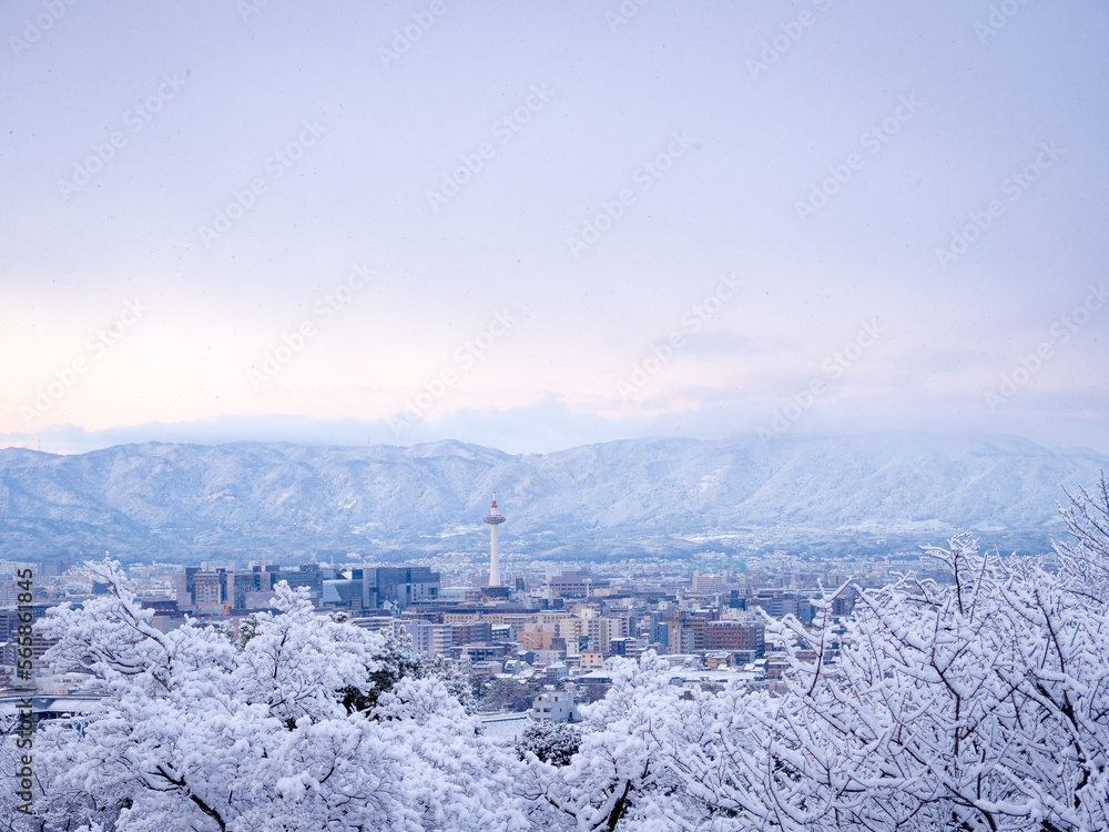 真っ白に雪化粧した京都市街地と京都タワー