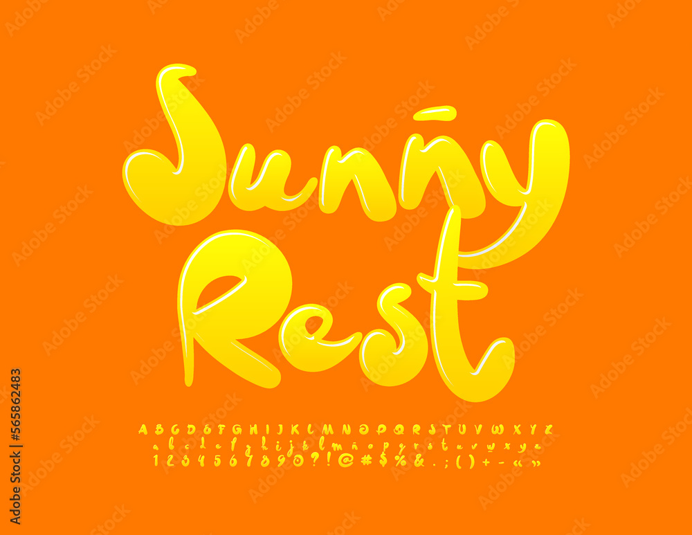 Vector yellow Sign Sunny Rest. Glossy handwritten Font. Creative Alphabet Letters and Numbers set Vector yellow Sign Sunny Rest. Glossy handwritten Font. Creative Alphabet Letters and Numbers set