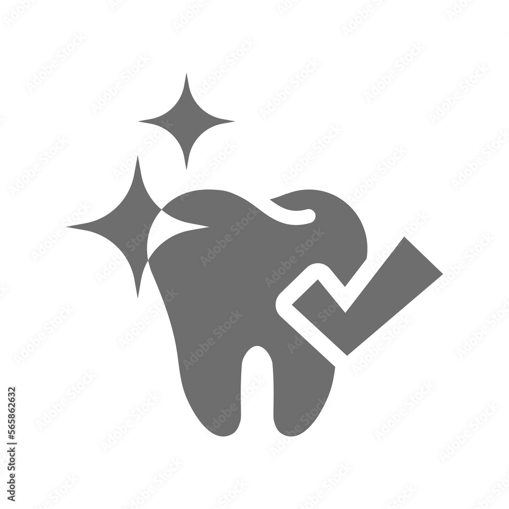 Shiny tooth with checkmark dental icon. Teeth therapy or whitening vector symbol. Shiny tooth with checkmark dental icon. Teeth therapy or whitening vector symbol.