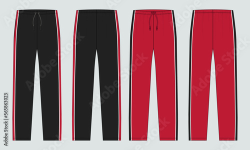 Sports jersey pant technical fashion flat sketch vector illustration template front and back views. Sportswear pant design black and red color mock up. Easy edit and customizable.