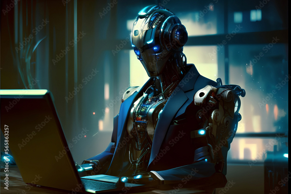 An anthropomorphic robot in office suit with laptop at the workplace