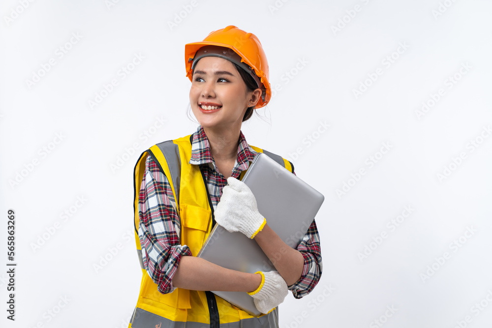 Happy Asian woman engineer and safety helmet with laptop isolated on white background. Happy Asian woman engineer and safety helmet with laptop isolated on white background.
