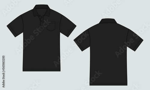 Short sleeve Polo shirt  technical drawing fashion  flat sketch vector illustration template front and back view. apparel dress design black color mock up polo tee.