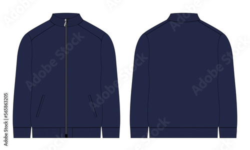 Long sleeve zipper with pocket tracksuits jacket sweatshirt technical fashion flat sketch vector illustration navy color  template front and back view. 