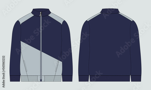 Long sleeve zipper with pocket tracksuits jacket sweatshirt technical fashion flat sketch vector illustration template front and back view. Two tone navy and grey color with chest cut and sew photo