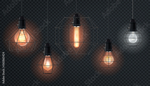 Realistic retro light bulbs set. Decorative vintage design edison lightbulbs of different shapes. Lamps in antique style with copper