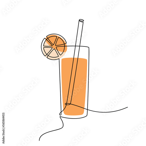 Glass of juice with orange slice vector. One line continuous drawing illustration. Hand drawn linear silhouette icon. Minimal design element for print, banner, card, poster, menu.