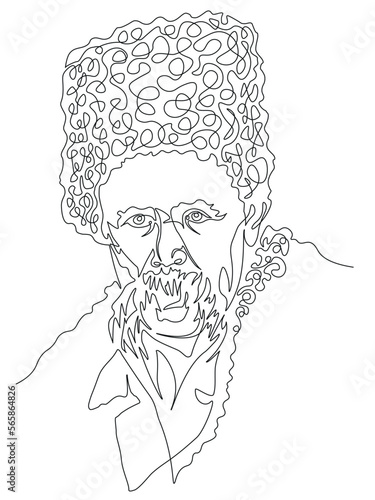 Taras Shevchenko ukrainian writer, artist and poet in a fur hat and coat.  Continuous one line minimalistic art technique photo
