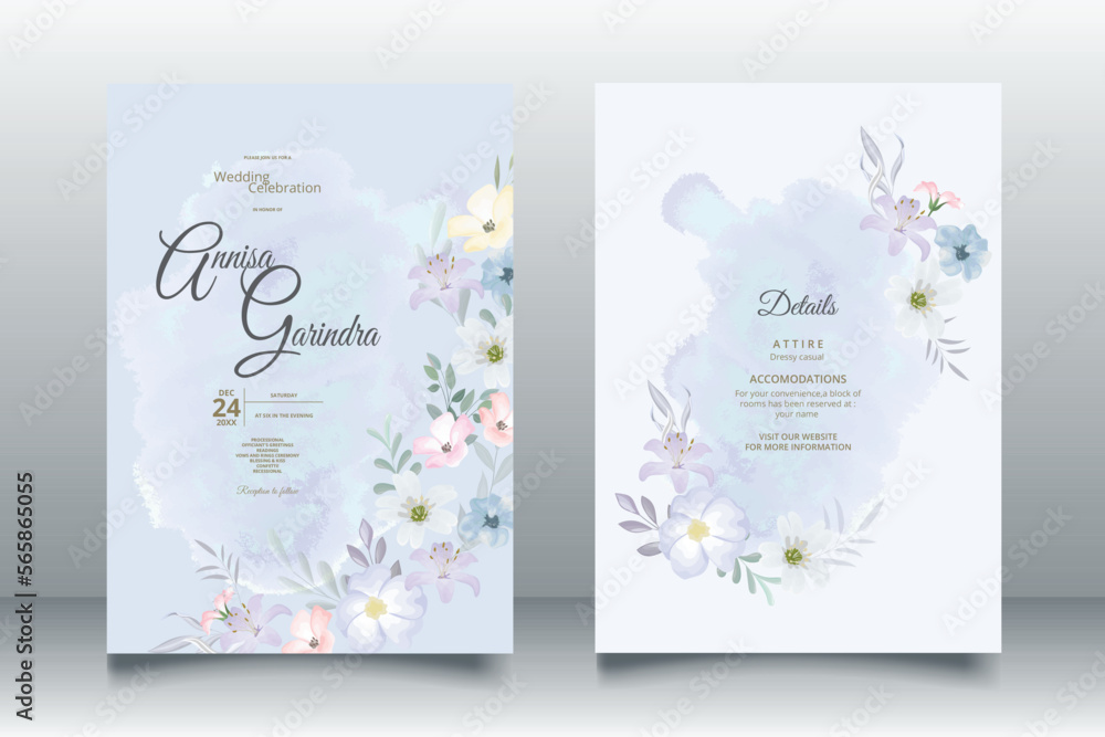 Beautiful blue floral frame wedding invitation card template Premium Vector