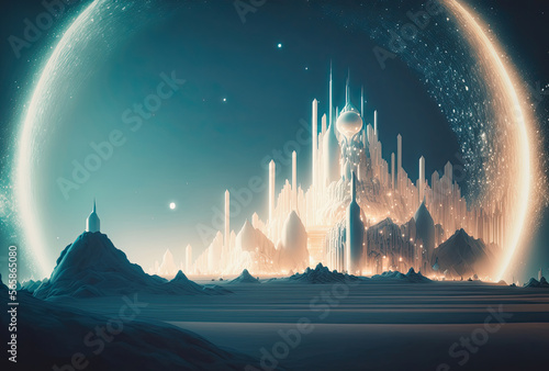 A Heavenly City On Another Planet In Outer Space. Generative AI Illustration