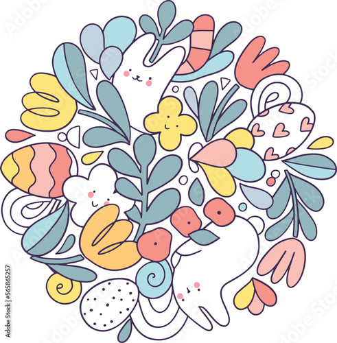 Happy Easter cute doodle illustration with funny fluffy bunny, flowers and chicken decorated eggs.