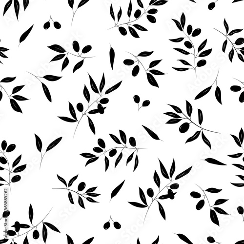 Vector seamless pattern with hand drawn twigs and fruits of the olive tree. Doodle template for print,mocap,packaging,textile,design,wallpaper