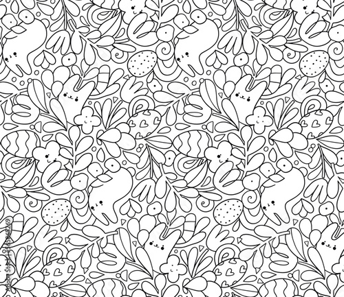 Happy Easter cute doodle illustration with funny fluffy bunny, flowers and chicken decorated eggs. Seamless pattern for coloring page project.